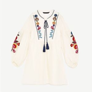 Zara Ivory Embroidered Mini Dress with Balloon Sleeves & Tassel Ties